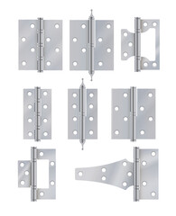 Steel door hinges in realistic style. Set of various metallic mortise equipment for adjustable fixing aperture isolated on white. vector illustration