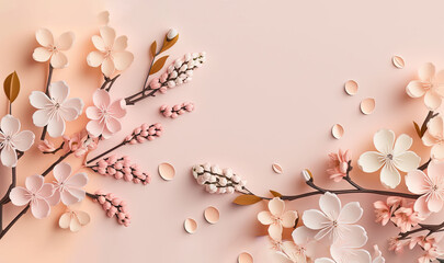  a pink background with paper flowers and leaves on the branches.  generative ai