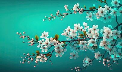  a branch of a tree with white flowers on a blue background.  generative ai