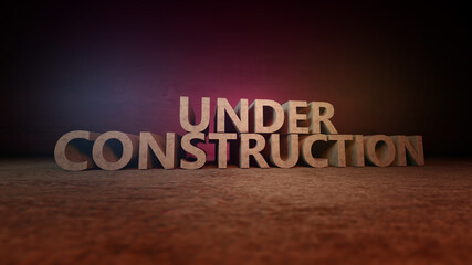 Under Construction sign 3d illustration. Concrete letters on the wall. Dramatic light - 580860330