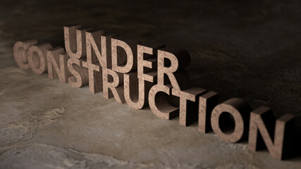 Under Construction sign 3d illustration. Concrete letters on the wall. Dramatic light - 580860335