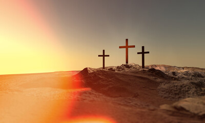 Christian croses on hill outdoors at sunrise. Calvary crucifixion. 3D illustration. Dramatic light. - 580860521