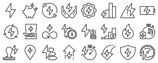 Line icons about energy management on transparent background with editable stroke.
