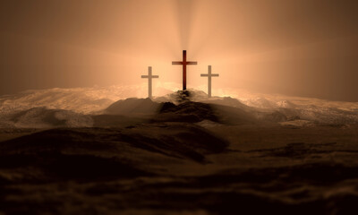 Christian croses on hill outdoors at sunrise. Calvary crucifixion. 3D illustration. Dramatic light. - 580860566