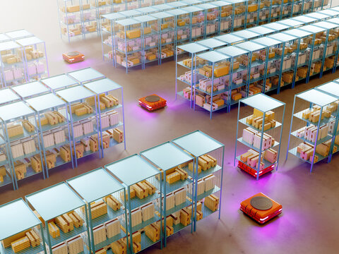Automated storage. Autonomous mobile robot. Storage with amr among shelves. Shelves with cardboard boxes from above. Autonomous robot to accelerate warehouse processes. Autonomous storage. 3d image