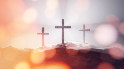 Christian croses on hill outdoors at sunrise. Calvary crucifixion. 3D illustration. Dramatic light. - 580860765