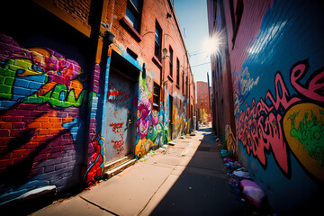 Fototapeta premium Graffiti Covered Alleyway in the Late Afternoon, Colorful Paint on Bricks and Walls, Pavement and Windows (Generative AI)