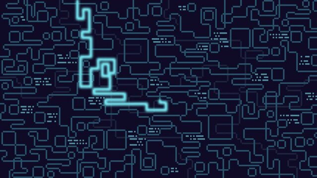 Maze, labyrinth. Laser ray path background with dynamic glowing neon line. Animation of the graphic snake video game. Pixel game, pixel art 8 bit background. 