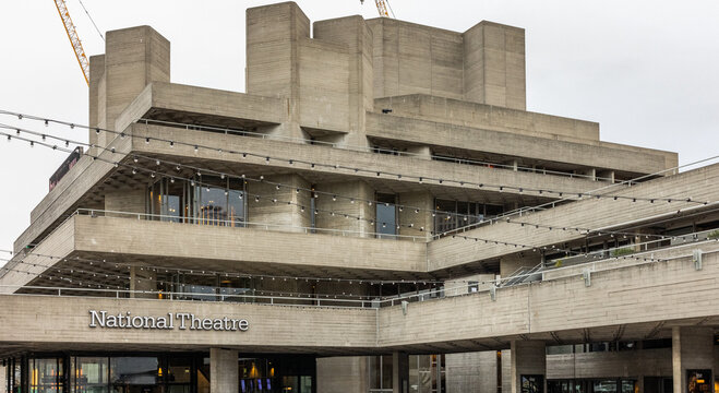 Royal National Theatre, commonly known as National Theatre. A brutalist building in south bank of London designed by Denys Lasdun.   Shot on 11 March 2023.