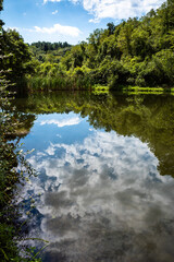 Reflection of clouds and sky in blank water at Settler's Cabin Red Loop Trail in Pittsburgh.
