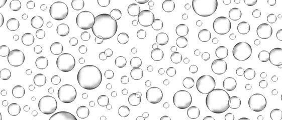 Water bubbles set isolated on white background. Air water bubbles for soda effect, transparent backdrop, icon design, champagne bubbles, texture and wallpaper. Water drops pattern, vector illustration