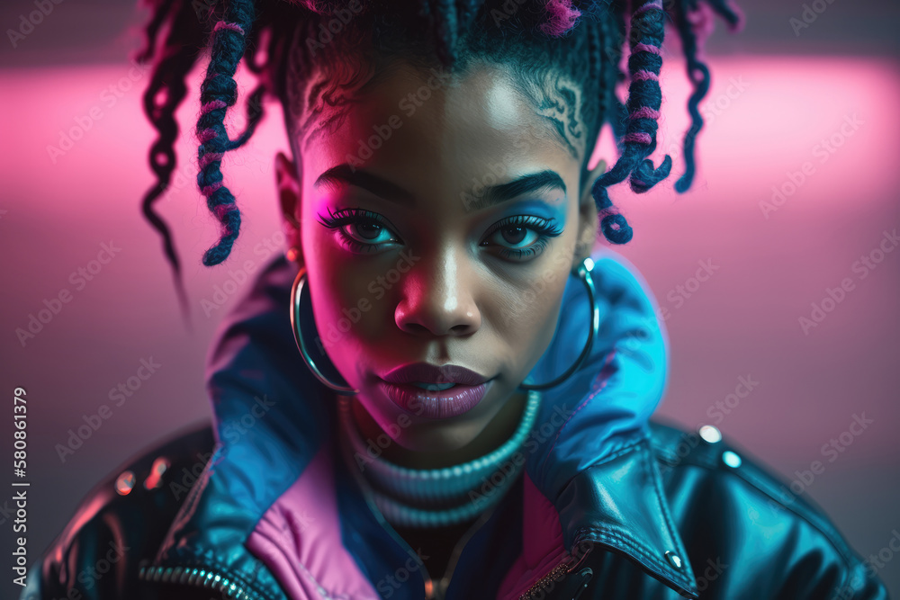 Wall mural Retro 1990s black hip hop girl straight view portrait wearing sports jacket in pink and blue neon lights with copy space, generative AI