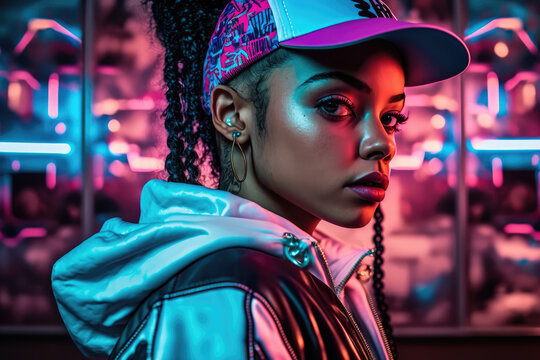 Retro 1990s Black Hip Hop Girl Wearing Sports Jacket In Pink And Blue Neon City Lights With Copy Space, Generative AI