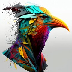 Colorful bird head, paper art style, fantasy