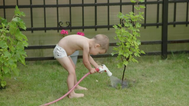 little helping child naked barefoot watering plants holding water hose spray in green garden outdoors in hot summer day. warm weather kid boy working outside developing assistance parenting lifestyle