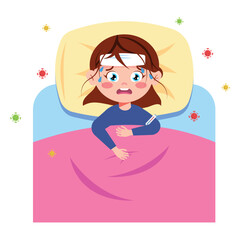 Vector illustration of a cute, sick girl lying in bed. A cartoon scene of a sick girl lying in bed with a high temperature, a bandage on her forehead and viruses isolated on a white background.