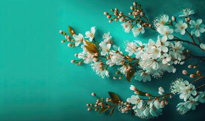  a bunch of white flowers on a green background with a place for text.  generative ai