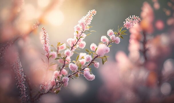  a close up of a pink flower on a tree branch.  generative ai