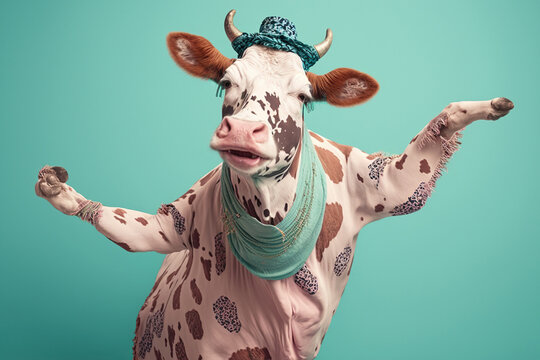 cow in boho clothes joyfully dancin, created with Generative AI technology
