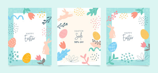Happy Easter. Set of banners, greeting cards, posters, holiday covers. Modern abstract design with typography, doodles, eggs and bunny, organic nature shapes. Trendy minimalist style.
