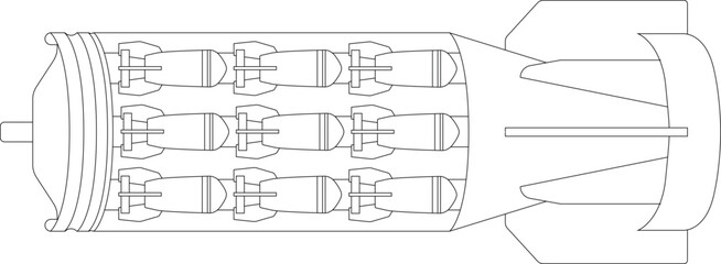 cluster munition, cluster bomb, submunition bomb a form of air dropped or ground-launched explosive weapon sketch drawing, contour lines drawn. Model RBK-500-255-PTAB-10-5, -AMC48024-1-РБК-500-255-2