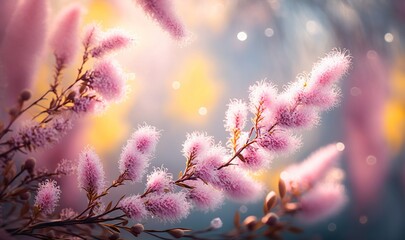  a close up of a bunch of pink flowers on a branch.  generative ai