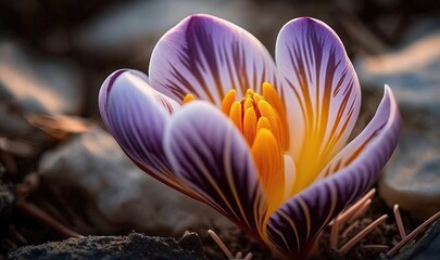  a close up of a flower on a rocky ground with rocks in the background.  generative ai