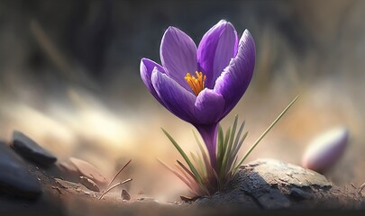 a single purple flower sitting on top of a rocky ground.  generative ai