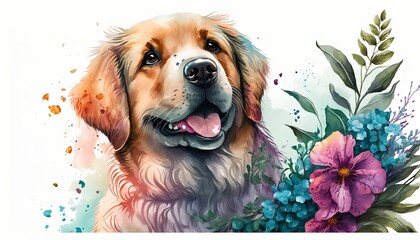 Dogs in watercolor. Illustration of cute dog in watercolor with flowers and plants. Romantic images of dogs in watercolor with pastel tones, very colorful and romantic. Generated by AI.
