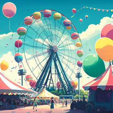 Roda gigante, parque e circo com balões coloridos