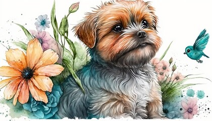 Dogs in watercolor. Illustration of cute dog in watercolor with flowers and plants. Romantic images of dogs in watercolor with pastel tones, very colorful and romantic. Generated by AI.
