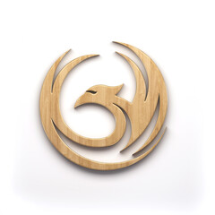 Phoenix Bird in Wood texture logo circle with wings. 3D Rendering illustration isolated on white background