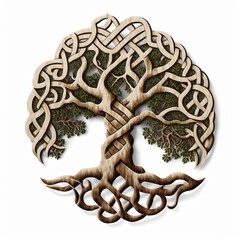 wooden Celtic Knot in the shape of a Tree of Life, white background, Generative AI