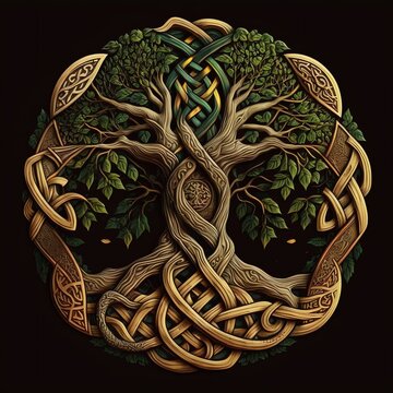 wooden Celtic Knot in the shape of a Tree of Life, black background,  Generative AI