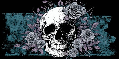 grunge skull floral illustration, generative ai