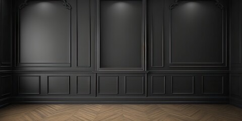 modern classic black color empty interior with wall panels mouldings and wooden floor, generative ai