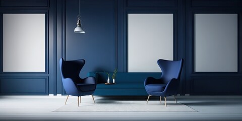 modern interior of living room with armchairs on white flooring and dark blue wall, generative ai
