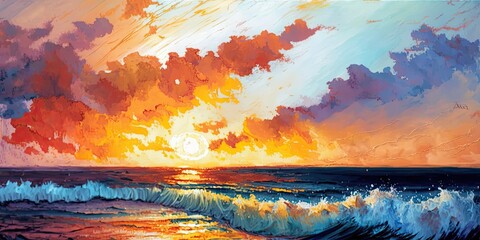 Fototapeta na wymiar oil painting of the sea multicolored sunset on the horizon watercolor, generative ai