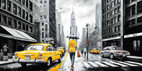 oil painting on canvas street view of new york man and woman yellow taxi modern artwork new york in gray and yellow colors american city illustration new york, generative ai