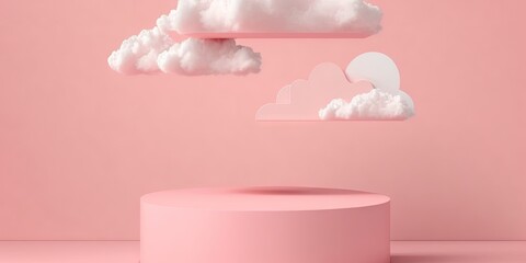 pink podium with cloud on pastel pink background, generative ai