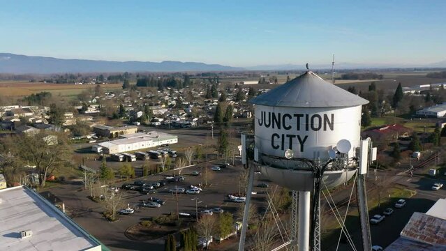Junction City, Oregon Old Water Tower and Townscape, Level CCW Pan toward east and the greater Willamette Valley