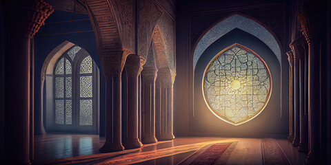 Beautiful mosque interior at sunset, ramadan celebration concept, concept Religion and Culture, Generative AI