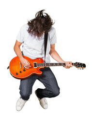 Portrait of young handsome man play guitar isolated on white background - obrazy, fototapety, plakaty