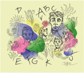 people, faces, spots, plants, graphics, line, stroke, stain, life, moment, mood, hand drawn, flowers, leaves, emotions, nature, girl, portrait, guy, mood