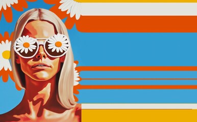 Summer portrait of happy young woman in sunglasses. Love, beautiful girl portrait in contemporary vivid colours.Spring, fresh, daisy, flowers, beach, suntan, happy. Ferragosto theme. Generative AI.