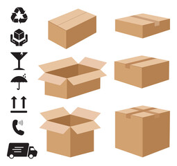 Versatile Cardboard or Carton Boxes with Delivery and Shipping Icons to Package and Ship Your Products and Materials. Available in Various Sizes for Your Convenience.
