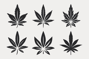 Black Cannabis Leaves. Hemp, Cannabis Leaf Silhouette Flat Icon Set Closeup Isolated on White Background. Growing Medical Marijuana. Vector Illustration