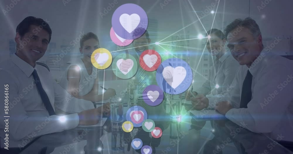 Sticker Animation of heart icons and network of connections over diverse businesspeople smiling at office