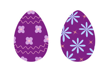 Set of two Easter eggs in trendy purple with abstract pattern of wavy lines, stars and flowers. EPS