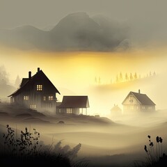 Sunrise meadow with houses and fog